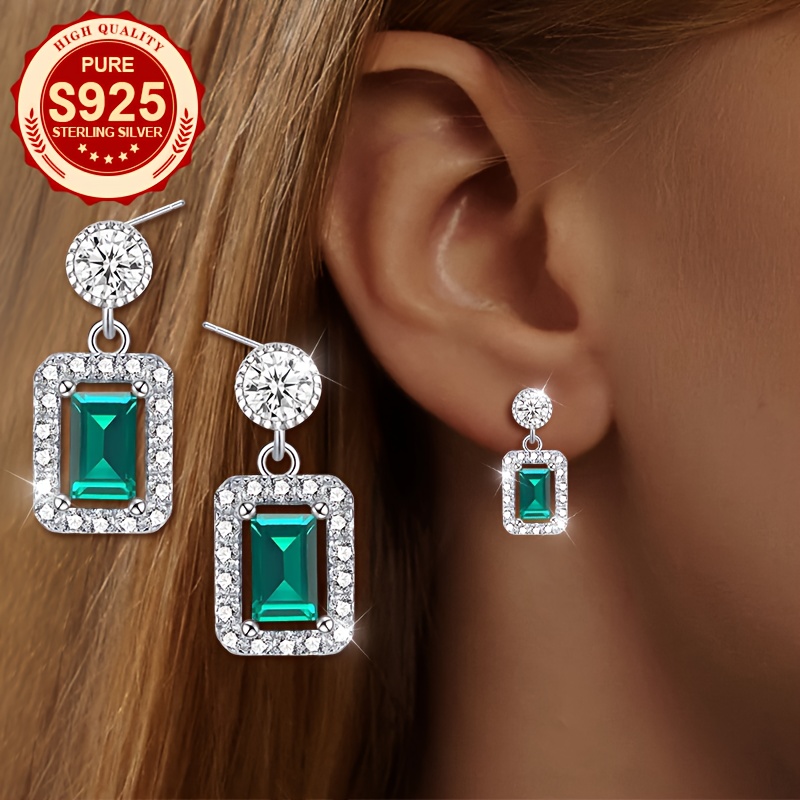 Women's Geometric Square Pendant Stud Earrings, 925 Silver